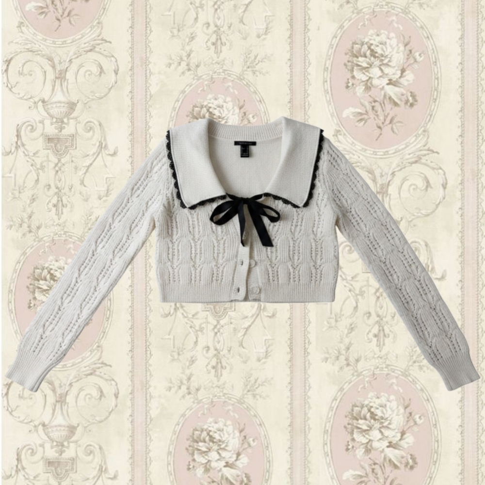 Forever 21 Cream Cropped Cardigan with Black Bow